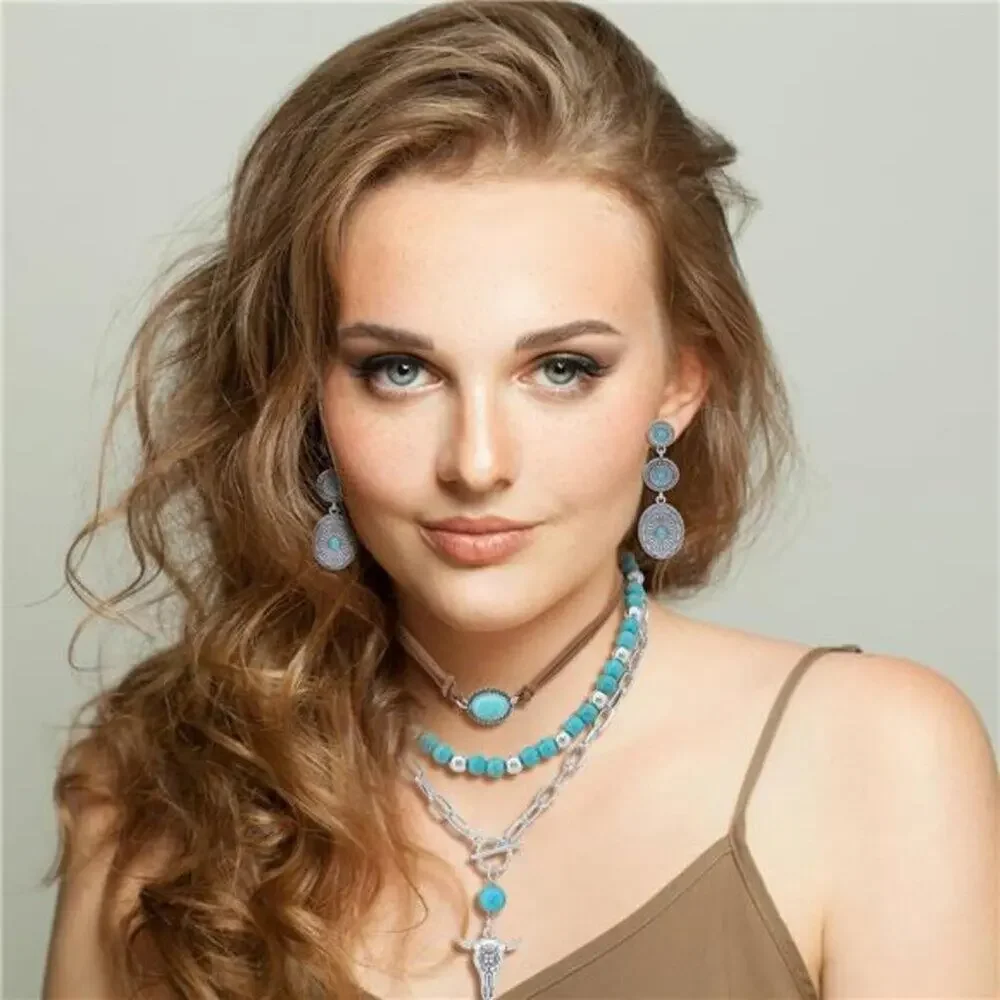 15 PCs Western Concho Belt Cowgirl Necklace, Dangle Earrings Rins Jewelry set